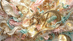 Gilded Reverie lyrical abstraction with gold ribbons, blush folds and mint forms