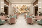 Gilded Reverie gold and mint artwork in a luxury hotel lobby