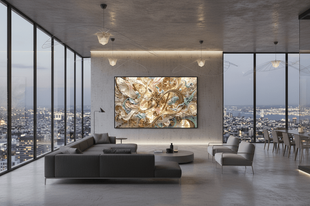 Gilded Reverie gold and blush abstract artwork in a modern industrial loft