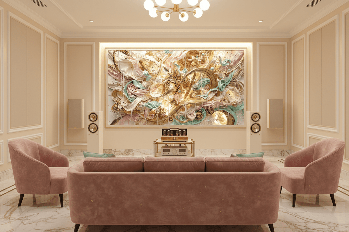 Gilded Reverie lyrical gold artwork in a high-end HiFi listening room
