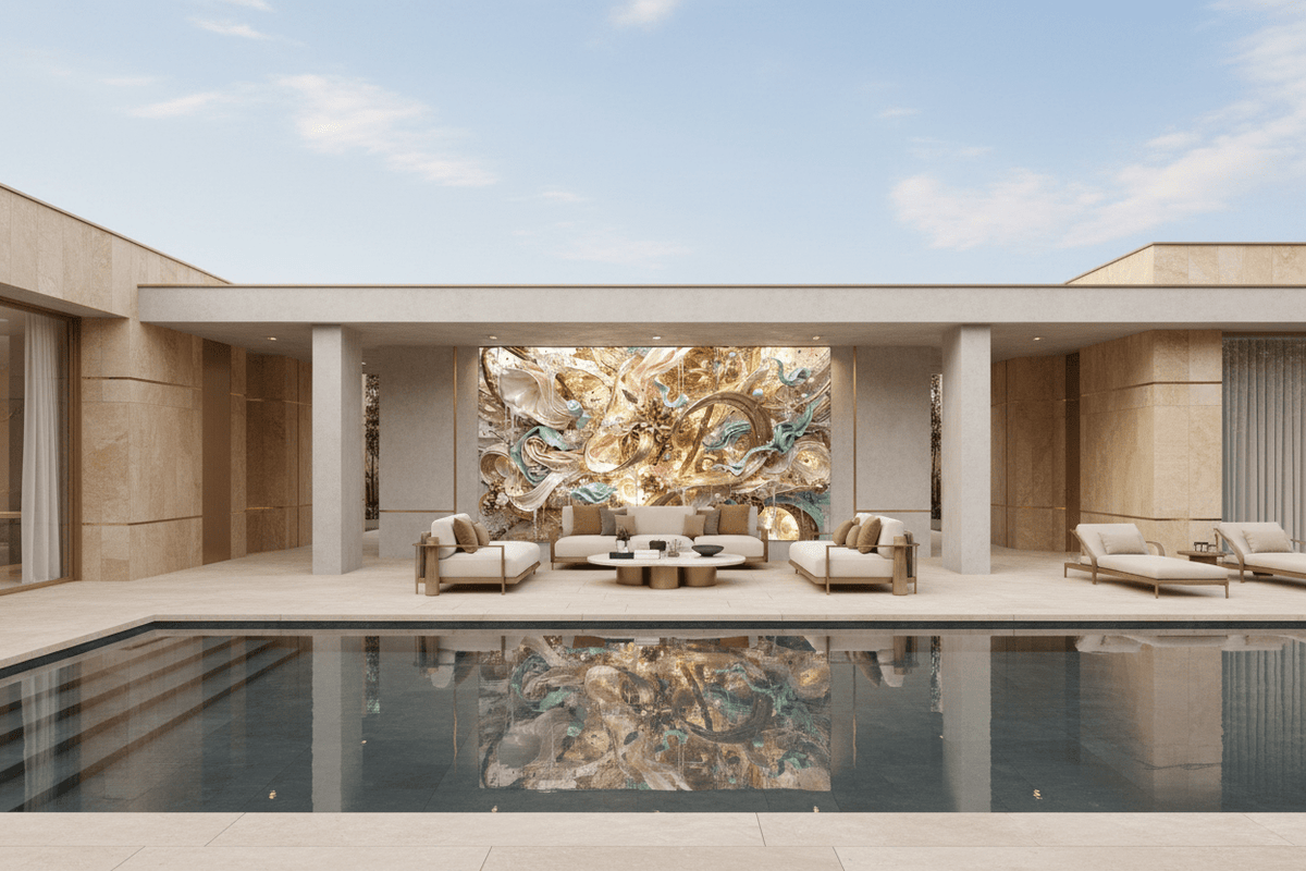 Gilded Reverie blush and gold abstract artwork in a pool lounge