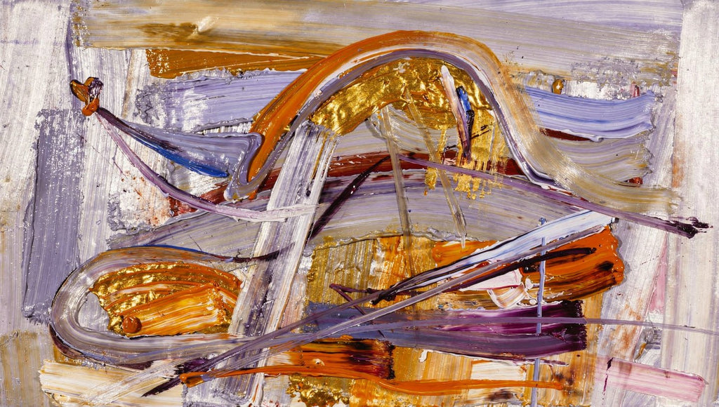 Gilded Traverse abstract artwork with a sweeping metallic gold and orange arc over lavender, violet and pale textured fields