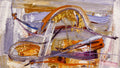 Gilded Traverse abstract artwork with a sweeping metallic gold and orange arc over lavender, violet and pale textured fields