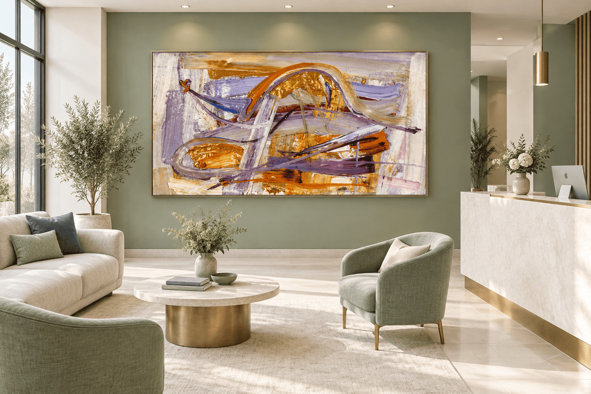 Gilded Traverse gold, orange and lavender abstract artwork displayed in a calm, contemporary clinic interior
