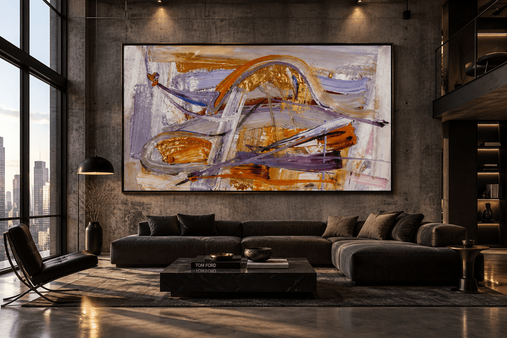 Gilded Traverse gold, orange and lavender abstract artwork featured in an industrial loft interior