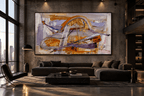 Gilded Traverse gold, orange and lavender abstract artwork featured in an industrial loft interior
