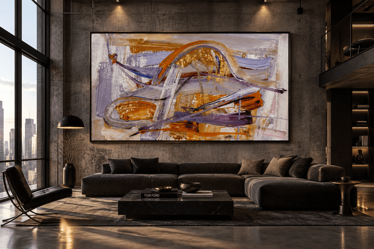 Gilded Traverse gold, orange and lavender abstract artwork featured in an industrial loft interior