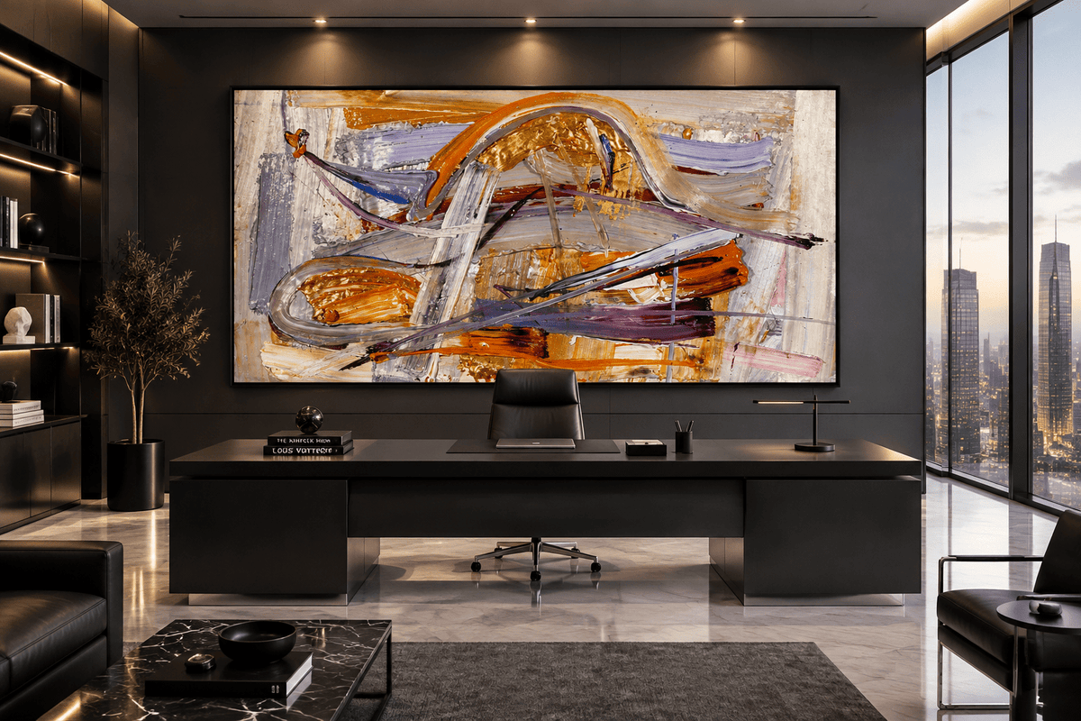 Gilded Traverse gold, orange and lavender abstract artwork displayed in a private contemporary office
