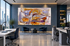 Gilded Traverse gold, orange and lavender abstract artwork displayed on a feature wall in a contemporary open-plan office
