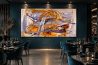 Gilded Traverse gold, orange and lavender abstract artwork displayed in an upscale restaurant interior