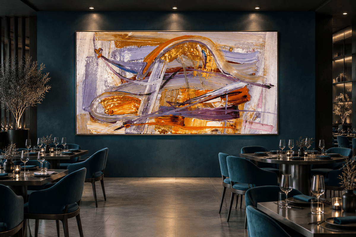 Gilded Traverse gold, orange and lavender abstract artwork displayed in an upscale restaurant interior