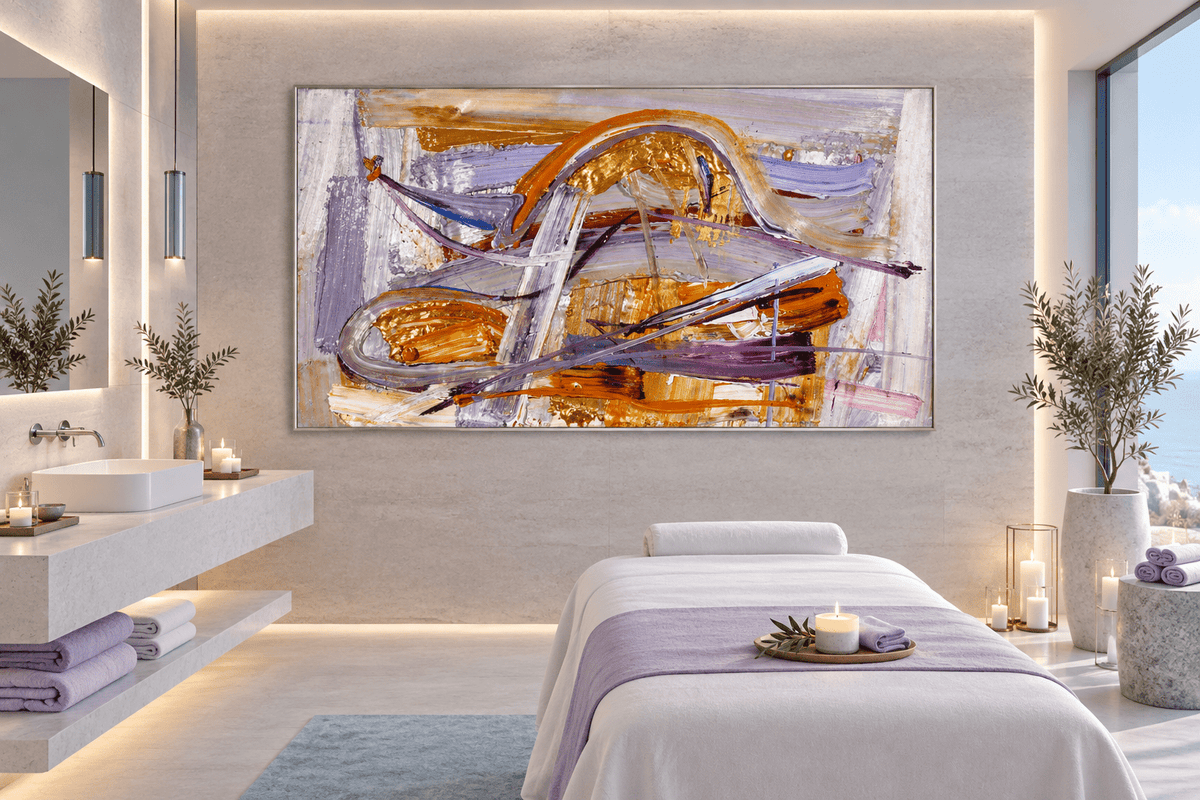 Gilded Traverse gold, orange and lavender abstract artwork displayed in a tranquil modern spa interior