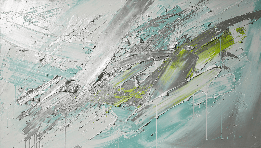 Glacial Drift textural abstraction with ice grey, pale teal, graphite and electric lime