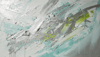 Glacial Drift textural abstraction with ice grey, pale teal, graphite and electric lime