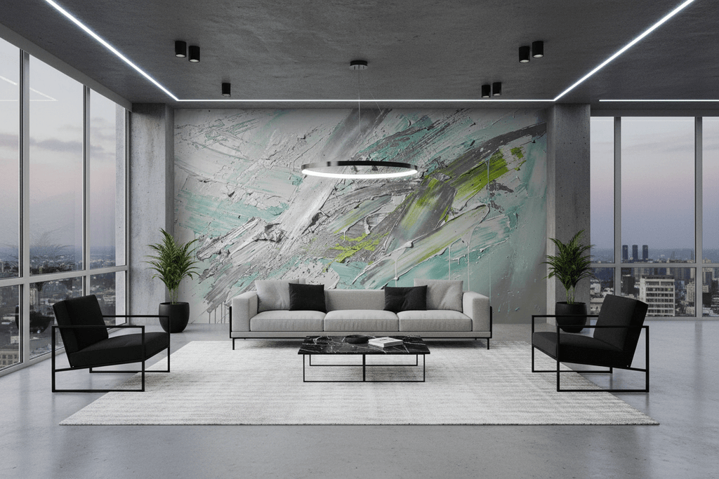 Glacial Drift ice-grey textural abstraction in a modern HiFi living room