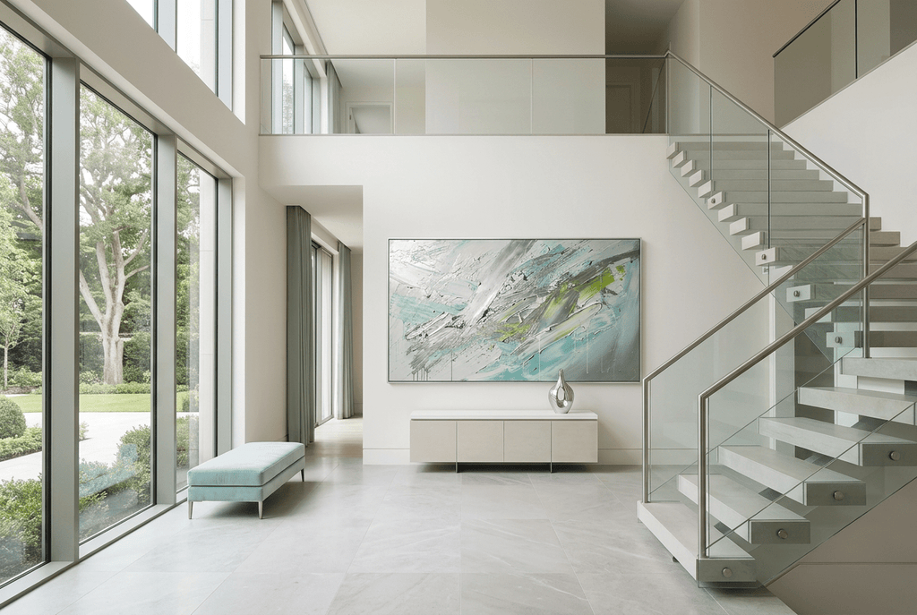 Glacial Drift textural abstraction with ice grey, pale teal, graphite and electric lime in a luxury two story foyer