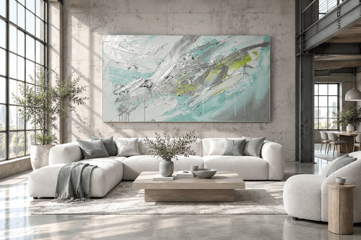 Glacial Drift textural abstraction with ice grey, pale teal, graphite and electric lime in a modern loft