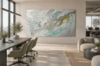 Glacial Drift textural abstraction with ice grey, pale teal, graphite and electric lime in an open-plan office