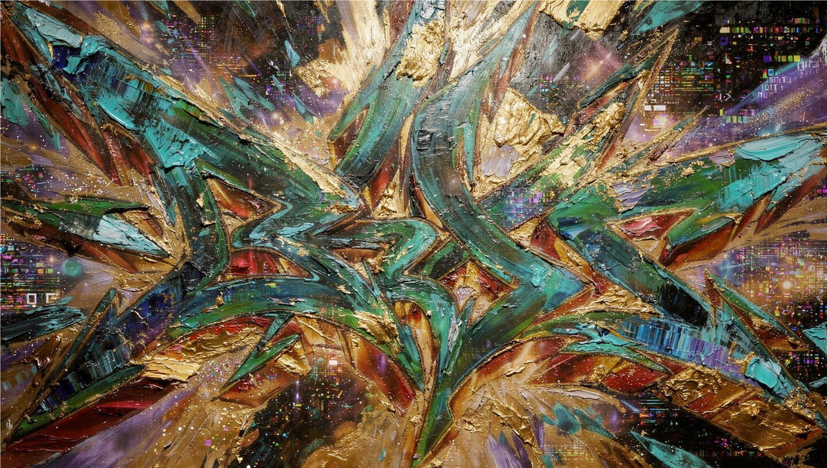 Gold & Jade Graffiti neo-expressionist abstraction with jade, teal and golden gestures