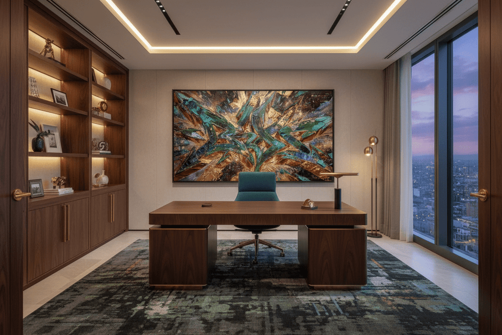 Gold & Jade Graffiti neo-expressionist artwork in a modern executive office