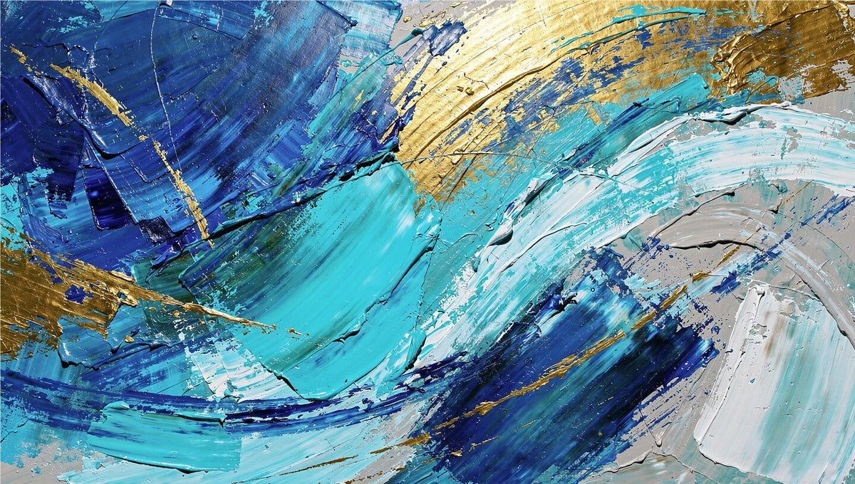 Gold Tide wave abstraction with cobalt, turquoise, white and warm gold sweeping arcs