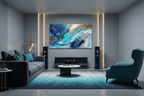 Gold Tide blue, turquoise and gold artwork in a HiFi living room