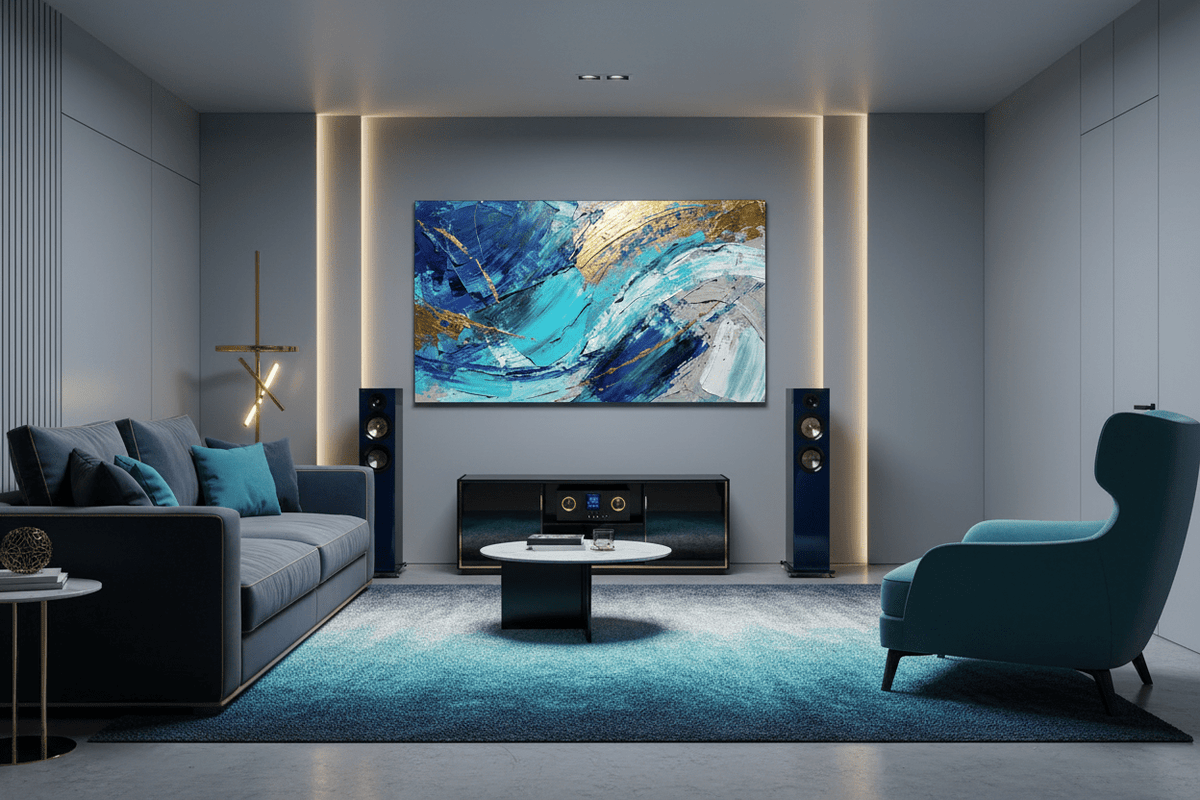 Gold Tide blue, turquoise and gold artwork in a HiFi living room