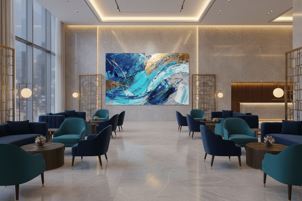 Gold Tide blue and gold gestural abstraction in a luxury hotel lobby