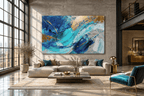 Gold Tide wave abstraction with cobalt, turquoise, white and warm gold sweeping arcs in an industrial loft