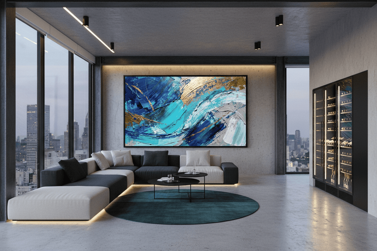 Gold Tide cobalt and turquoise artwork in a dark modern loft lounge