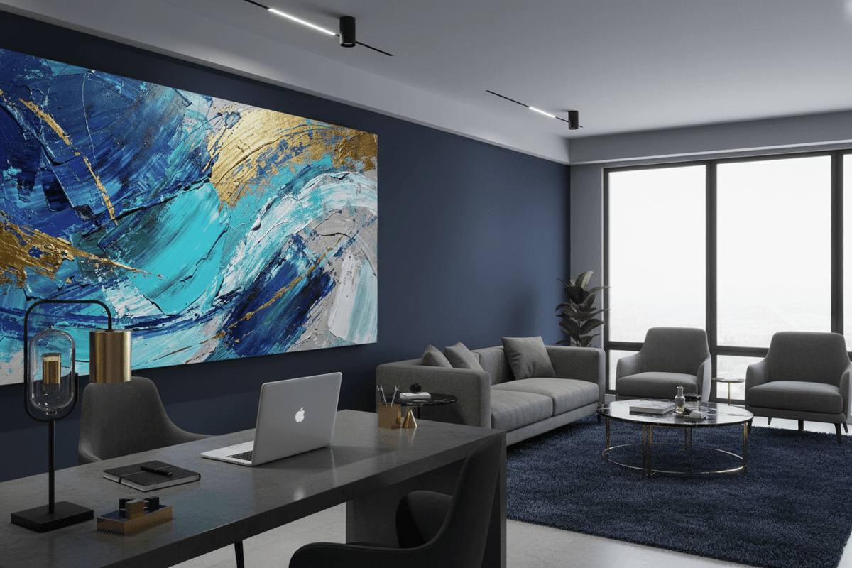 Gold Tide cobalt wave artwork in a modern executive office