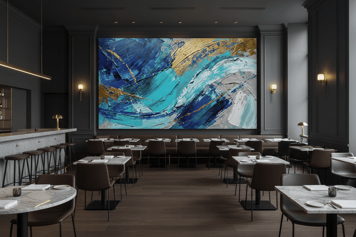 Gold Tide cobalt and gold artwork in an upscale restaurant interior