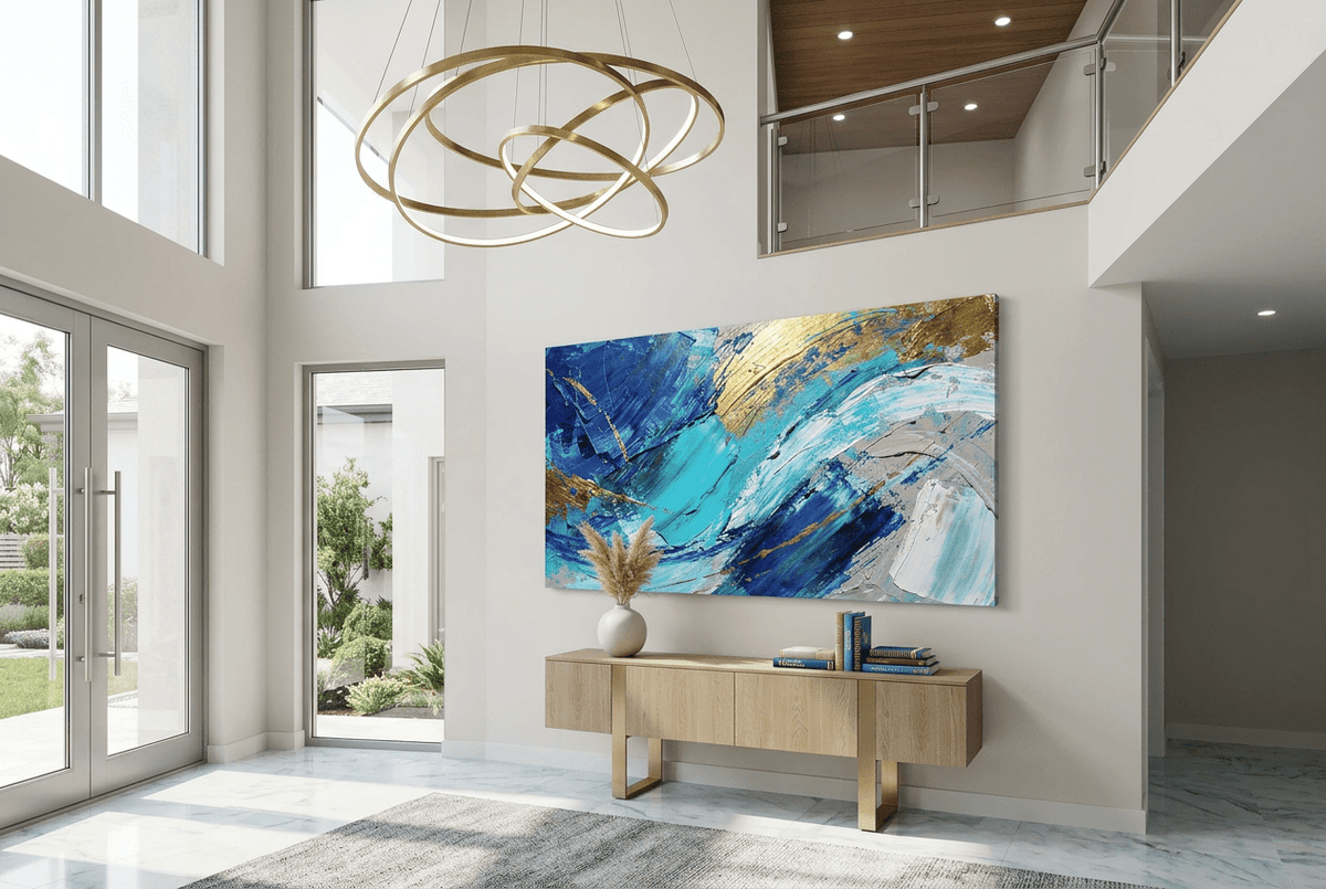 Gold Tide wave abstraction with cobalt, turquoise, white and warm gold sweeping arcs in a two story foyer