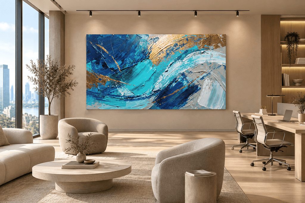 Gold Tide wave abstraction with cobalt, turquoise, white and warm gold sweeping arcs in an open-plan office