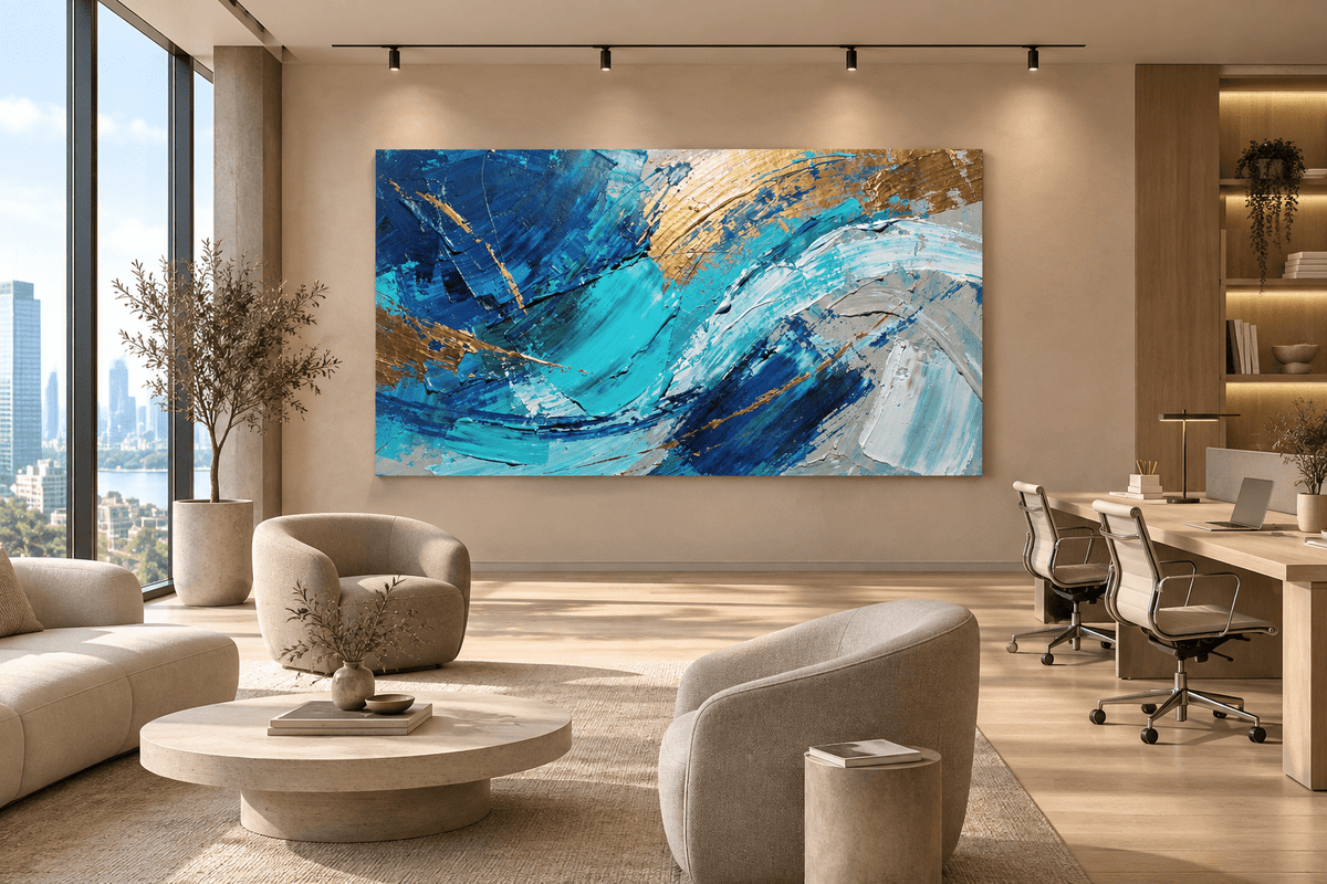 Gold Tide wave abstraction with cobalt, turquoise, white and warm gold sweeping arcs in an open-plan office