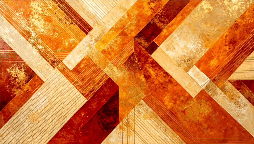 Golden Convergence abstract geometric artwork with amber, crimson, gold and cream diagonal bands