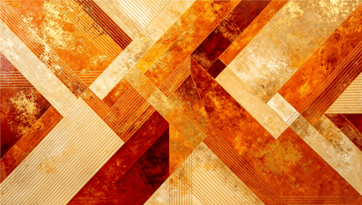 Golden Convergence abstract geometric artwork with amber, crimson, gold and cream diagonal bands