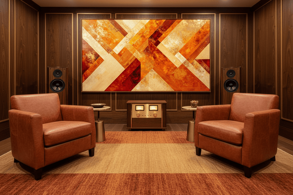 Golden Convergence amber and gold geometric artwork in a luxury living room