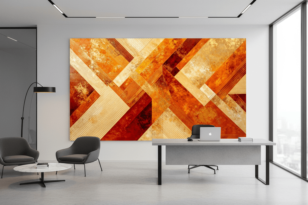 Golden Convergence architectural geometric artwork with gold linework in a modern executive office