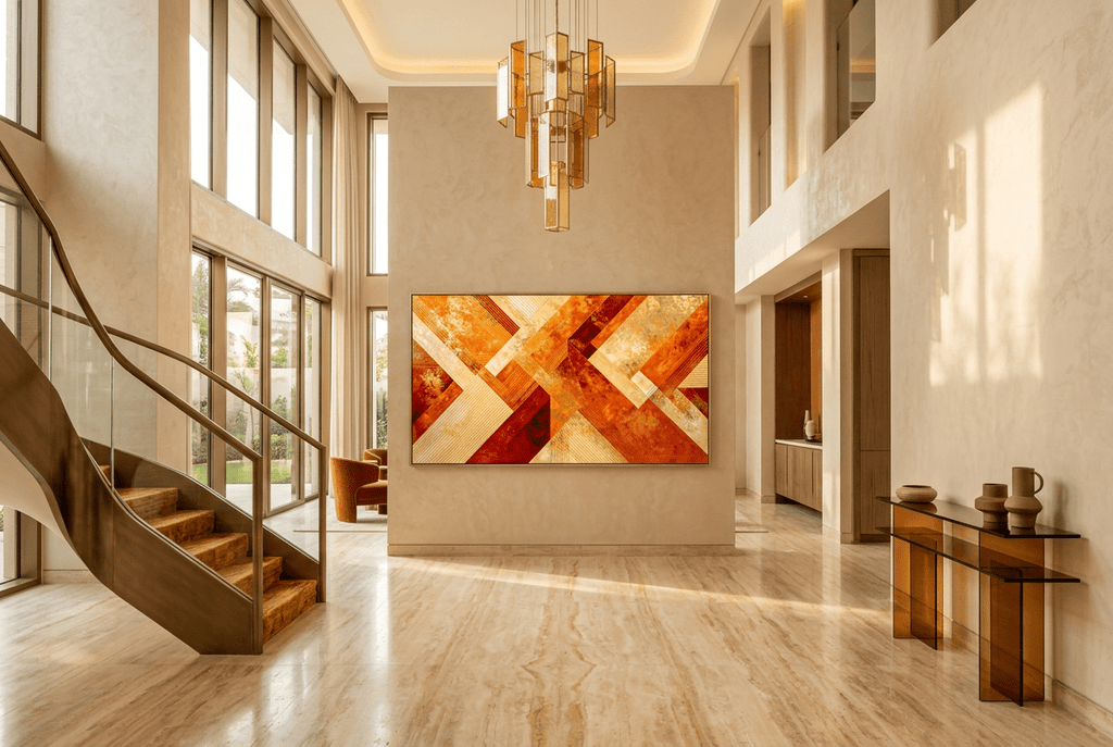 Golden Convergence abstract geometric artwork with amber, crimson, gold and cream diagonal bands in a two story foyer