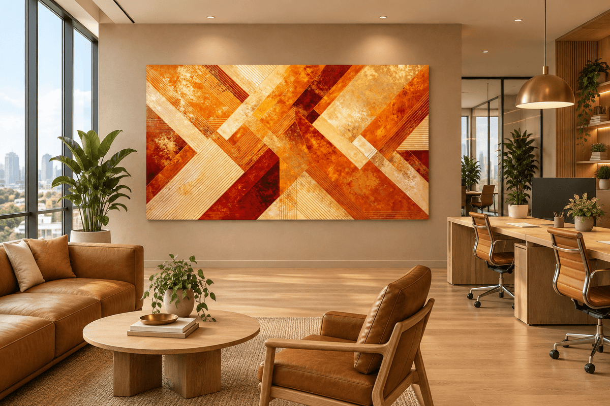 Golden Convergence abstract geometric artwork with amber, crimson, gold and cream diagonal bands in an open-plan office