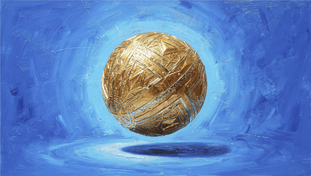 Golden Sphere geometric abstraction with a faceted gold orb above cobalt blue