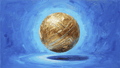 Golden Sphere geometric abstraction with a faceted gold orb above cobalt blue