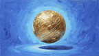 Golden Sphere geometric abstraction with a faceted gold orb above cobalt blue