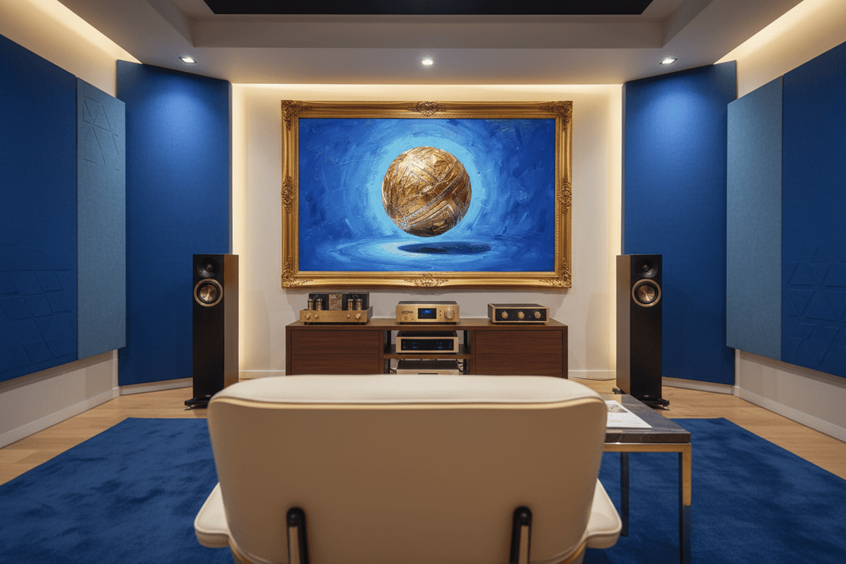 Golden Sphere gold orb geometric artwork in a high-end HiFi listening room