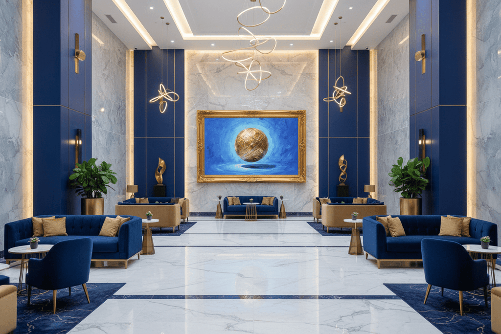 Golden Sphere gold orb artwork in a luxury hotel lobby