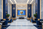 Golden Sphere gold orb artwork in a luxury hotel lobby