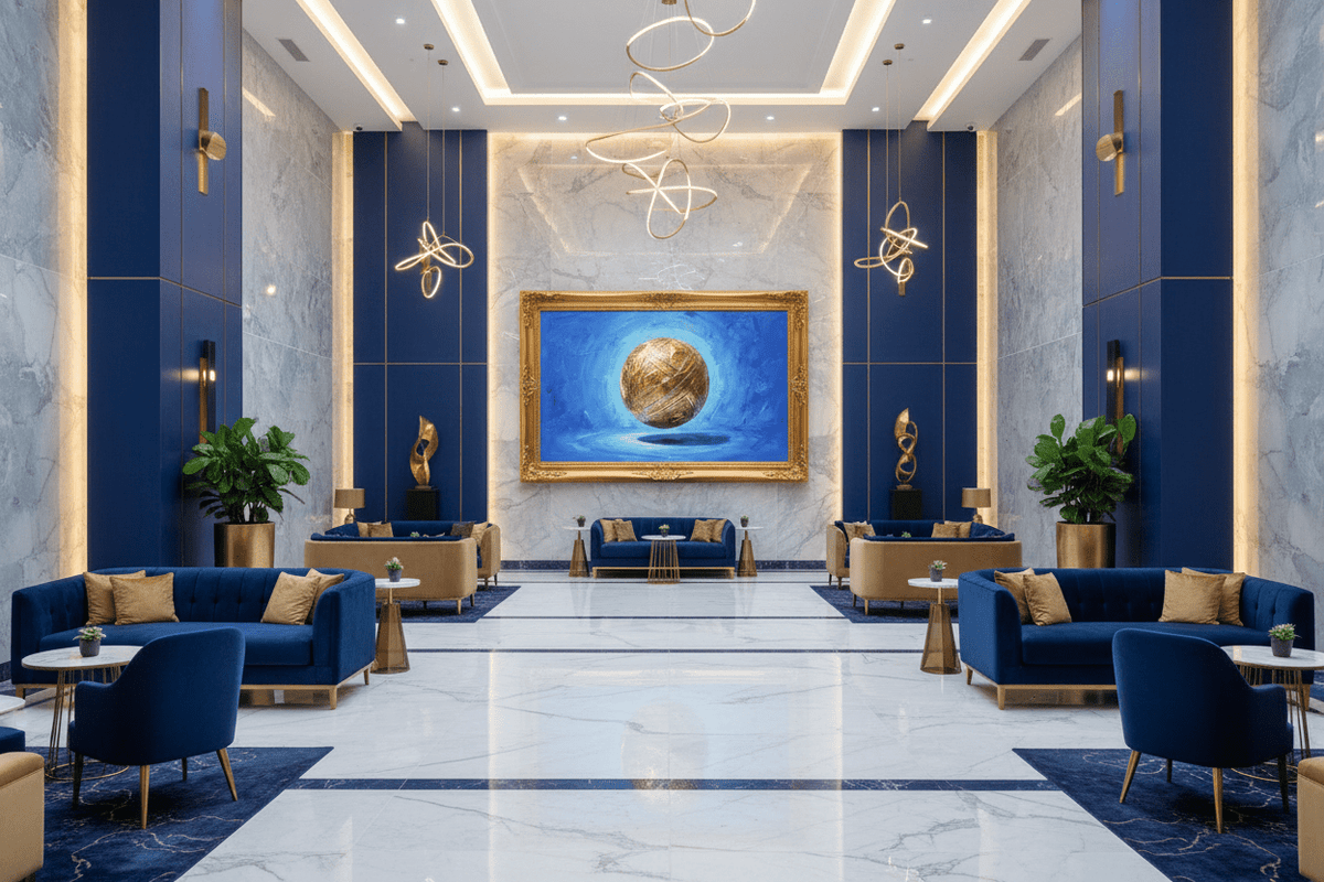 Golden Sphere gold orb artwork in a luxury hotel lobby