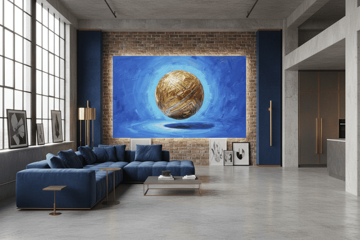 Golden Sphere with a faceted gold orb in a modern industrial loft