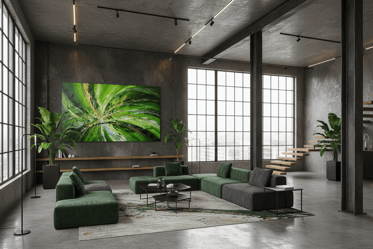 Green Impact green kinetic abstraction in a modern industrial loft